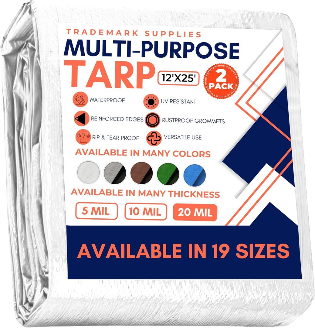 Large Waterproof Tarp - Heavy Duty 20 Mil Thick Poly Tarpaulin Ideal for Canopy Tents, Boats, RV or Pool Covers - Multipurpose Protective Tarps with Grommets for Indoor, Outdoor Use | 12' x 25' 2 Pack