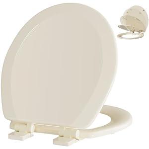 Angol Shiold Quiet-Close Molded Wood Toilet Seat with Non-Slip Adjustable Hinges, Anti-Pinch Bumpers, Easy Install & Clean（Bone, Round 16.5''）