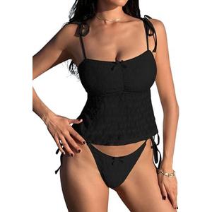 ZAFUL Tankini Swimsuits for Women Mesh Hollow-Out Tank Style Bow Knotted Decor Tie Side High Cut Tankini Set S