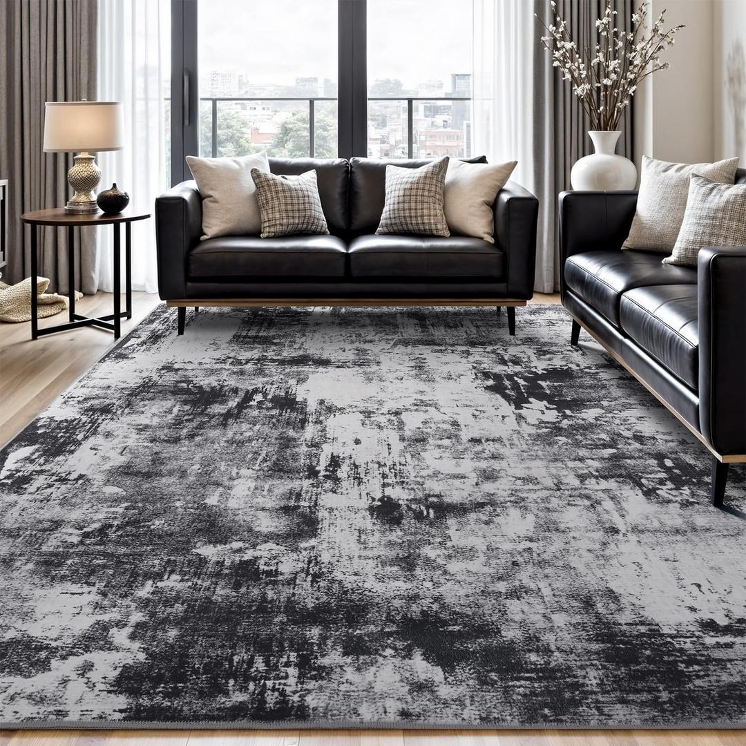 Rugflix 10x14 Area Rugs for Living Room, Washable Black Grey Dark Large Rug