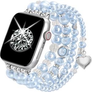 V-MORO Compatible with Apple Watch Band Pearl Series 10/9/8/7 45mm/46mm/44mm/42mm Fashion Beaded Elastic Bracelet Bling Jewelry Strap for iwatch SE Series 6/5/4/3/2/1 Blue for 5.5"-6.2" Wrist