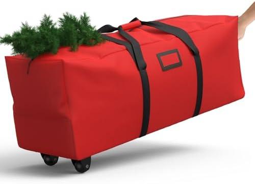 Patiobay Rolling Christmas Tree Storage Bag 9 Ft Xmas Artificial Disassembled Trees, 600D Waterproof Oxford Fabric, Durable Wheels & Handles, Heavy Duty Storage Container (Red)