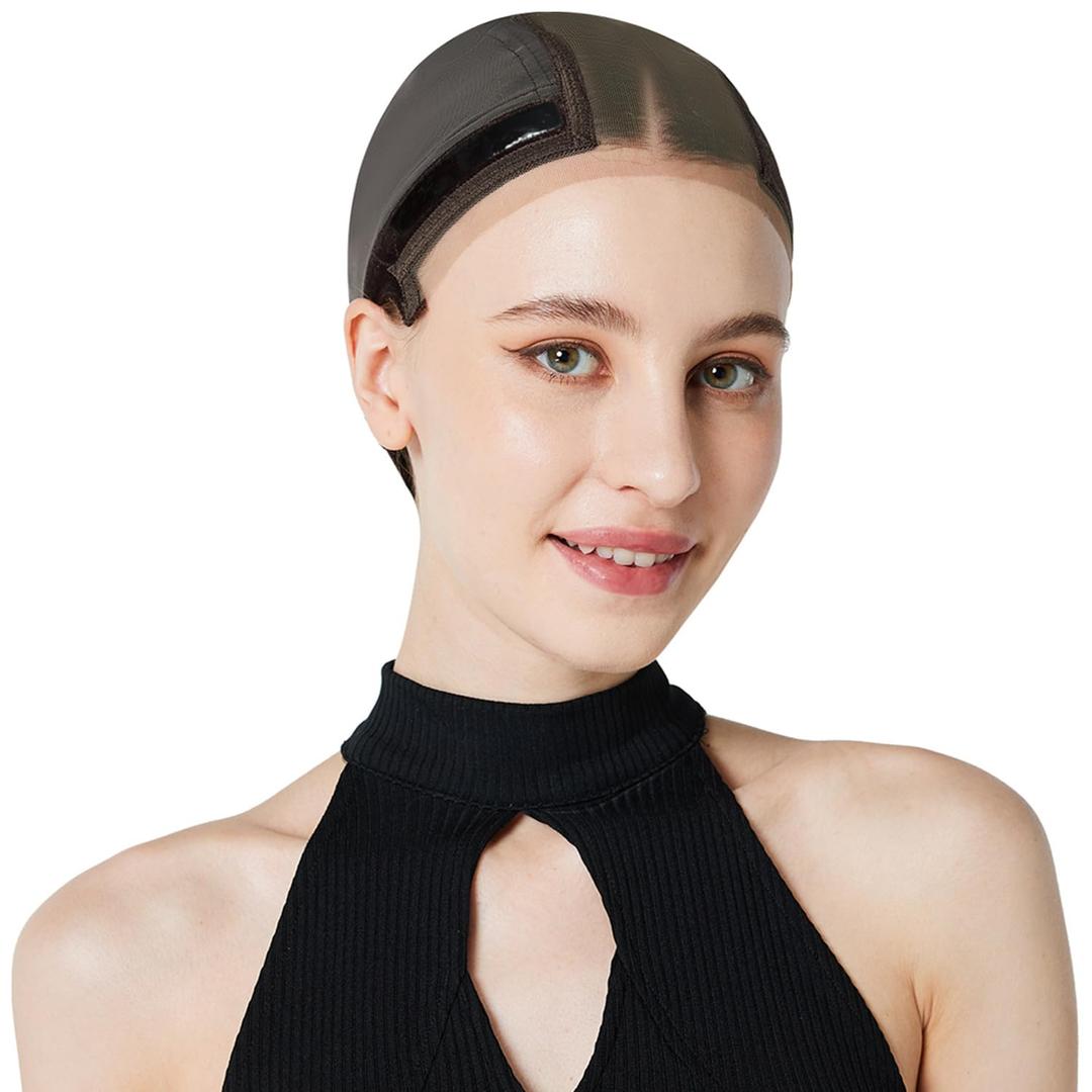 Lace Wig Cap for Women, Non-Slip Grip Cap Make Your Wigs Glue Free, Wig Caps with Built-in Adjustable Velvet Band for Keeping Wigs in Place(Brown ,L)