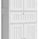 ChooChoo 51" H Tall Bathroom Floor Cabinet, Modern Bathroom Storage Cabinet with Drawer and Adjustable Shelves, Freestanding Kitchen Pantry Cupboard with 4 Doors for Living Room, White, 11.81"D x 23.62"W x 51.18"H