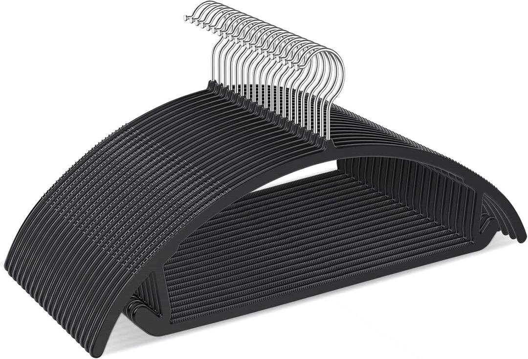 Ergonomic Curved Plastic Hangers 50pack - No Shoulder Bump Design, Non-Slip Grip for Delicate Fabrics, Heavy Duty Clothes Hangers, Holds Up to 11lbs - Ideal for Silk, Coats & Winter Wear(Black)