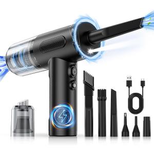 Compressed Air Duster, 100000RPM Handheld Car Vacuum/Air Blower& Pump, 3 Gear Adjustable Electric Air Duster/Car Vacuum Cleaner, Keyboard Duster with LED Light-10 Kits Air Blower for Computer (Black)