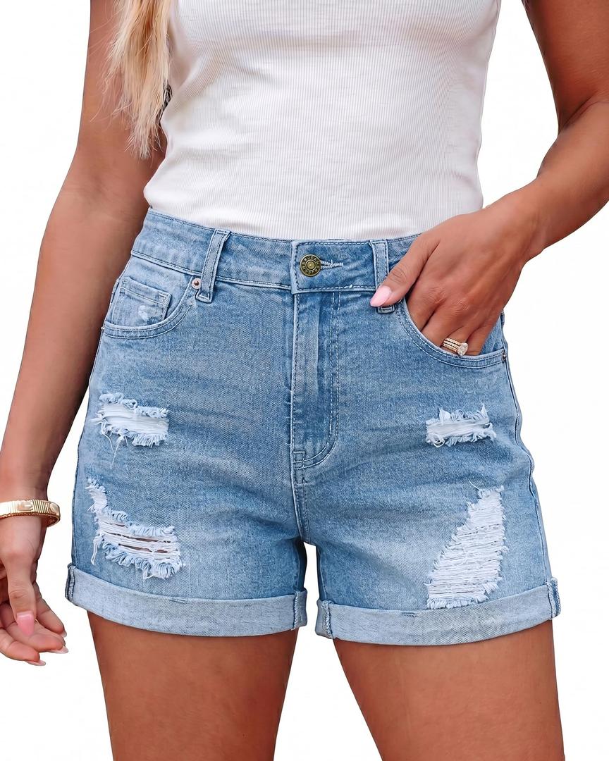 LookbookStore Women's High Waisted Rolled Hem Distressed Jeans Ripped Denim Shorts Size XL
