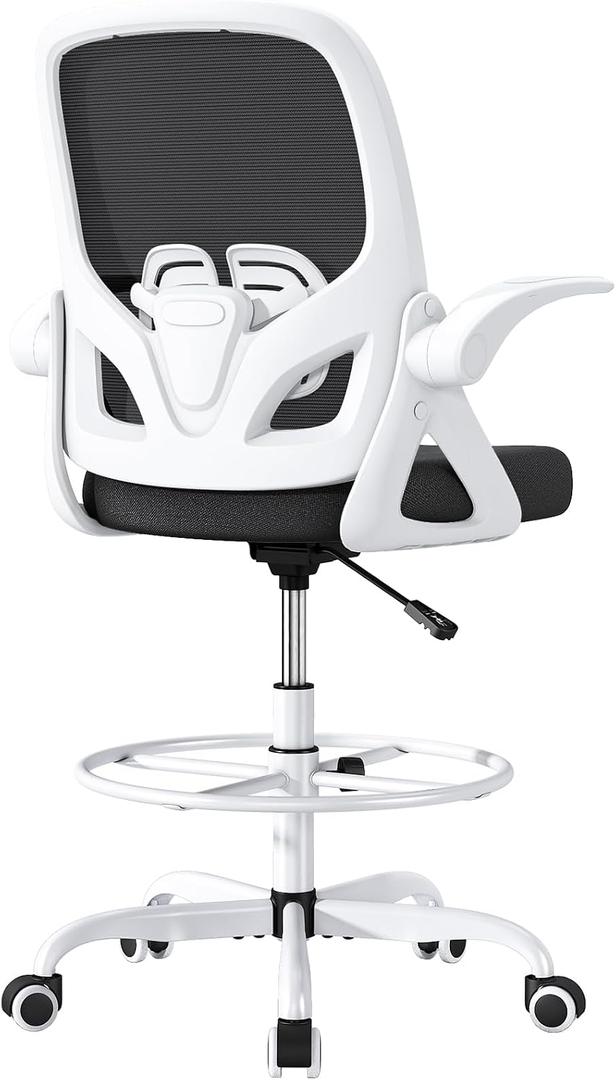 Drafting Chair, Tall Office Chair with Flip-up Arms, Mesh Ergonomic Computer Standing Desk Chair with Adjustable Height Foot Ring and Lumbar Support, 300 LBS Capacity, White