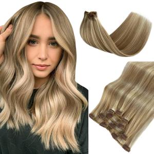 SOSEXY Clip in Hair Extensions Human 70g Balayage Walnut Brown to Ash with Platinum Blonde Seamless ins Long Straight Thick Full End 16 Inch 5pcs