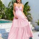 CYCLAMEN Maternity Dress Halter V-Neck Pleated Backless Maxi A-Line Gown Baby Shower Photoshoot Beach Vacation Tea Party (Pink),L