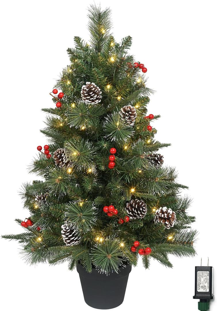 3Ft Pre-Lit Artificial Christmas Tree Tabletop with AC-Powered 100 Warm LED Red Berries Pine Cone Pine Needle, Greenery Potted Christmas Tree for Indoor, Porch, Outdoor