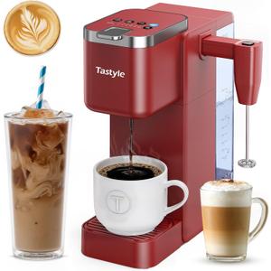 Single Serve Coffee Maker with Built-in Detachable Milk Frother, Iced and Hot Coffee Machine for K Cup & Grounds, 40oz Removable Water Reservoir, 6 Cup Sizes, Fits 7.3" Travel Mug, Red