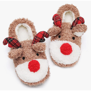 ASHION Women's Cute Fuzzy Reindeer House Slippers Stuffed Animal Bedroom Slippers Cozy Christmas Indoor Shoes, Size 36