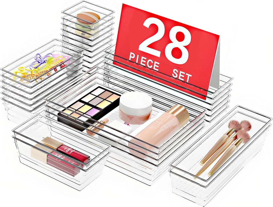 DCA 28 PCS Clear Plastic Drawer Organizers Set, 4-Size Versatile Bathroom and Vanity Drawer Organizer Trays, Storage Bins for Makeup, Bedroom, Kitchen Gadgets Utensils and Office