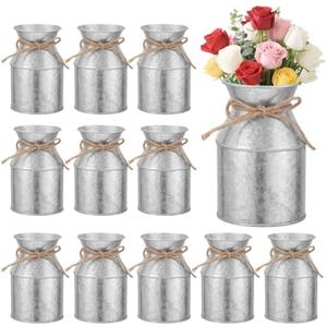 11 Pcs Farmhouse Metal Flower Vase Decor, 5.3 Inch Galvanized Milk Can Jug Vase with Twine Bow Rustic Flower Buckets for Centerpieces Floral Display Table Home Wedding Festival DIY Decorations