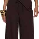 SweatyRocks Women's Off Shoulder 2 Piece Outfits Asymmetrical Ruched Short Sleeve Tops and Wide Leg Pants Matching Sets (Large, Brown)