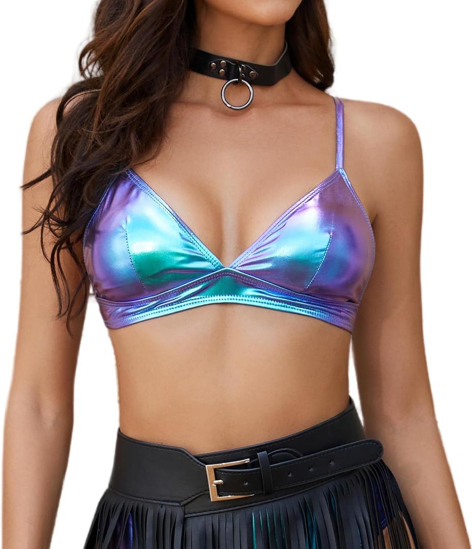 Women's Metallic Crop Tops Shiny Light-Support Rave Bra Swimsuit Top, XL 