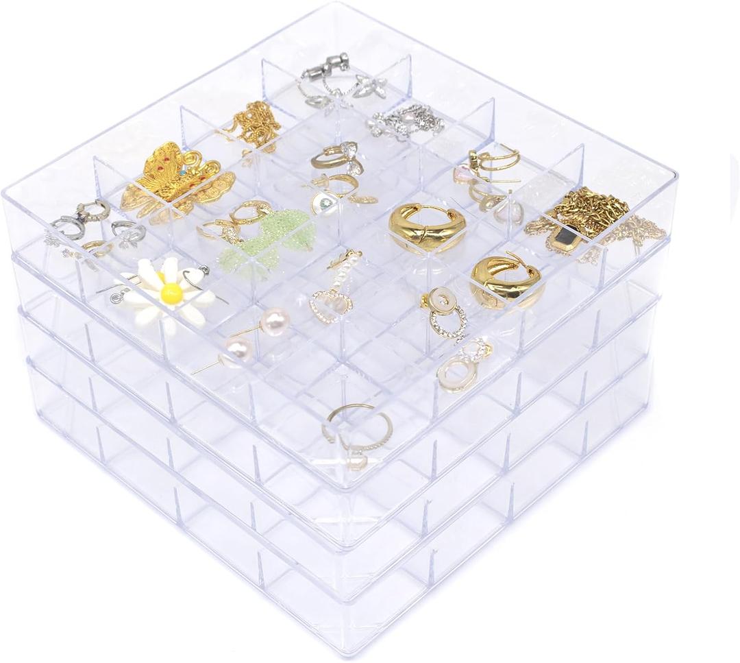 4 PCS Stackable Jewelry Organizer Tray, Plastic Storage Box with 16 Mini Grid (1.57''), Clear Organizer Tray for Drawer Dresser Vanity Desk, Jewelry Storage Box for Necklaces Bracelets Rings Earrings