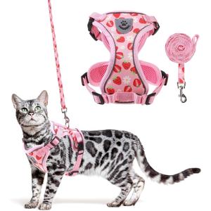 KOOLTAIL Cat Harness and Leash Set, Escape Proof for Safe Walking & Travel, Reflective Comfortable Easy Control Adjustable Kitten Harness for Boys&Girls Small Medium Large Cats Strawberry M