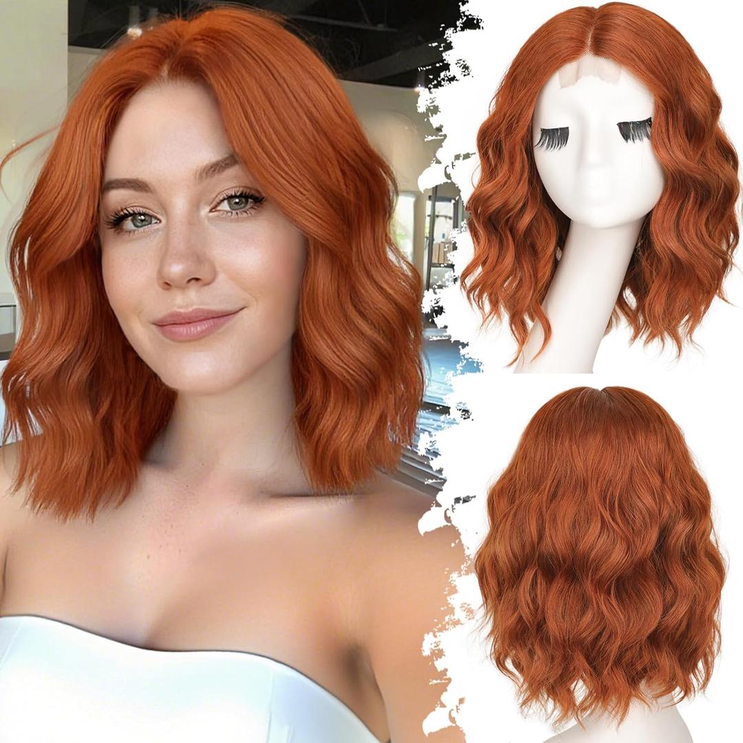 Copper Short Wavy Wig for Women Lace Hairline Bob Style Synthetic Heat Resistant - Natural Appearance for Everyday Hairstyle 14 Inch