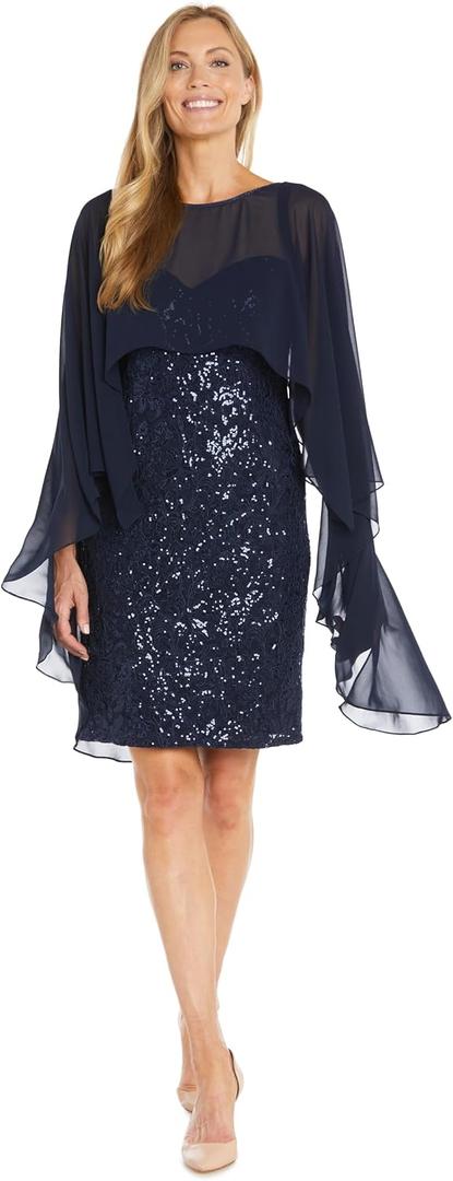 R&M Richards Elegant Sequin Cocktail Dress W/Sheer Chiffon Cape - Knee Length Evening Party Style (Blue, L)