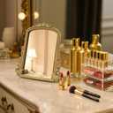 Vintage Vanity Mirror with Stand 11.8"x9.6" Gold Tabletop Makeup Mirror, Arched Decorative Mirror with Carved Engineered Wood Frame for Bedroom, Dresser, Bathroom or Desk