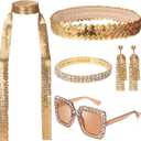 5 Pcs 70s Disco Accessories, Halloween Women Disco Costume Set with Jewelry Sequin Scarf Headband Diamond Bracelet Earring Sunglasses, Gold