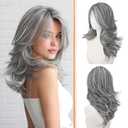 Haloo Grey Layered Wigs with Curtain Bangs Lace Front Hairline Long Wavy Natural Looking Middle Part Synthetic Hair Wig for Women Daily Party Costume, 20 Inch