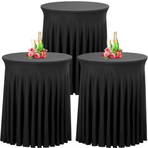 Babenest 32"x 43" Round Cocktail Table Skirt, 3 Pack Spandex Stretch Round Tablecloths with Natural Wavy Drapes, Fitted High Top Bar Cocktail Table Covers for Wedding Party Birthday Banquet (Black)
