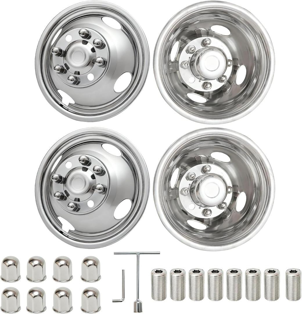 16" Wheel Simulators for 1992-2016/2018-2021 Ford E350 E450 Truck | 2 Front & 2 Rear Hubcaps,304 Polished Stainless Steel Wheel Covers,8 Lug 4 Hand Hole with Bolt On Hardware