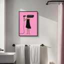 Framed Pink Bathroom Wall Art, Modern Minimalist Black Girl Cartoon Canvas Print, Quirky Pink and Black Woman Picture with Hair Dryer, Bathroom Decor Wall Art for Restroom Washroom Home, 12x16 Inch