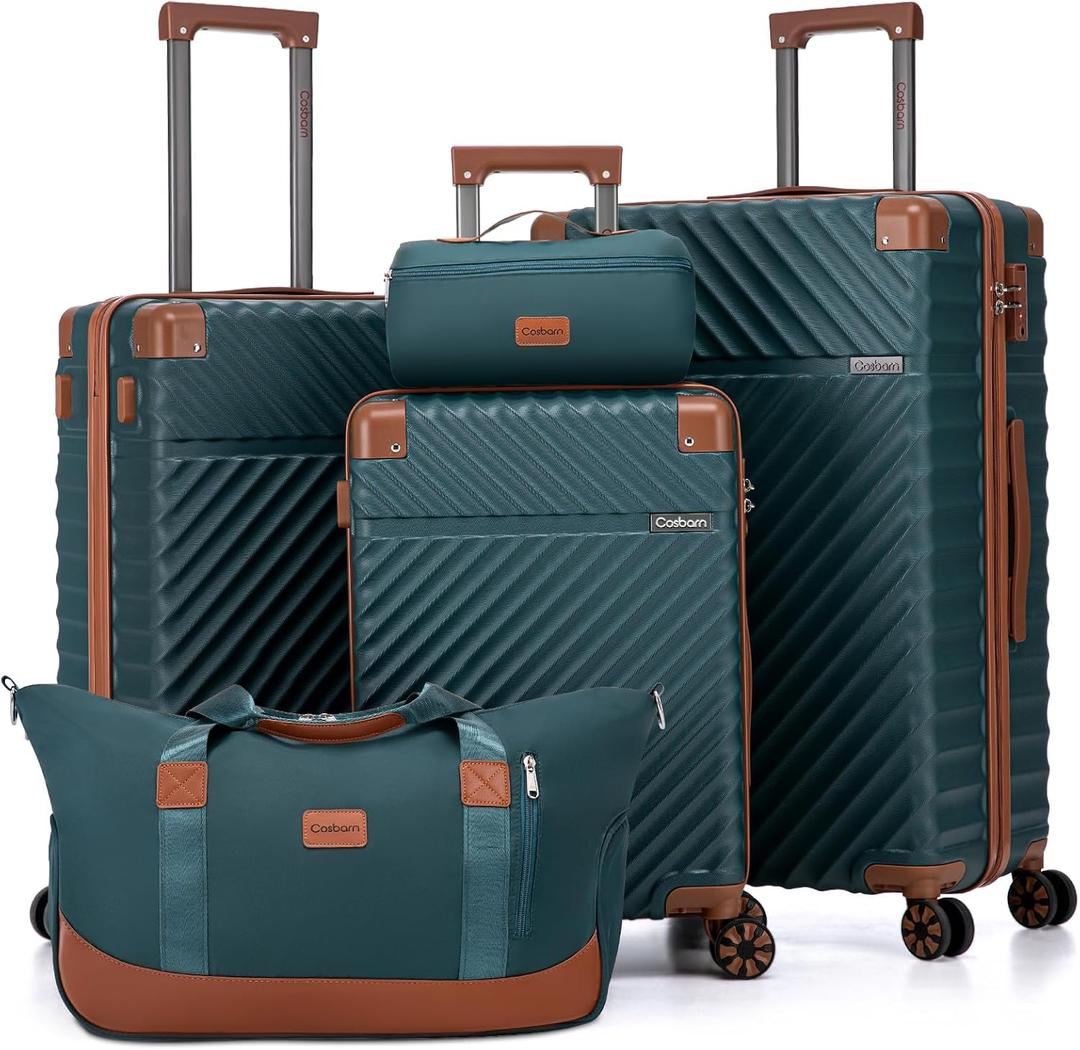 Cosbarn Luggage Sets 5 Piece with TSA Lock Spinner Wheels, Unisex Hard Case ABS Suitcase Set, Hardshell Lightweight Waterproof Travel Hardside Suitcases with Wheels for Women Men, Dark Green