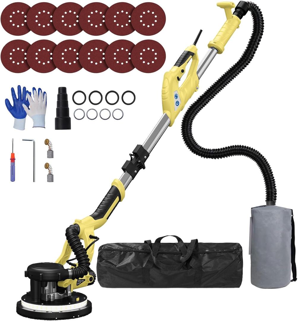 Drywall Sander, 2025 Upgraded 8-Amp Popcorn Ceiling Removal Tool with 7 Variable Speed 800-1800RPM, Drywall Sander with Vacuum Dust Collector with Extendable Handle, LED Light, 12pcs Sanding Discs (Yellow)