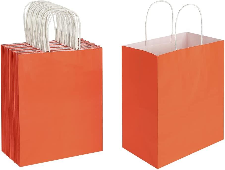 Oikss 50 Pack 8x4.75x10 Inch Medium Orange Kraft Paper Bags with Handles Bulk for Birthday Wedding Party Favors Grocery Retail Shopping Takeout Business Goody Craft Gift Bags Sacks