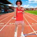 Red Fitness Instructor Costume Set - Adult Standard Size Workout Outfit (Includes Red Wig, Headband and Wristbands) - Ideal for Costume Parties, Gym Workout Sessions, Fitness Events & More, Pack of 3
