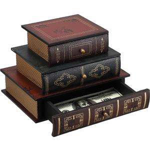 ELLDOO Vintage Decorative Book Box with Three-Layer Drawer, Antique Decorations Wooden Fake Book Jewelry Box Decorative Storage Drawer for Jewelry, Small Items