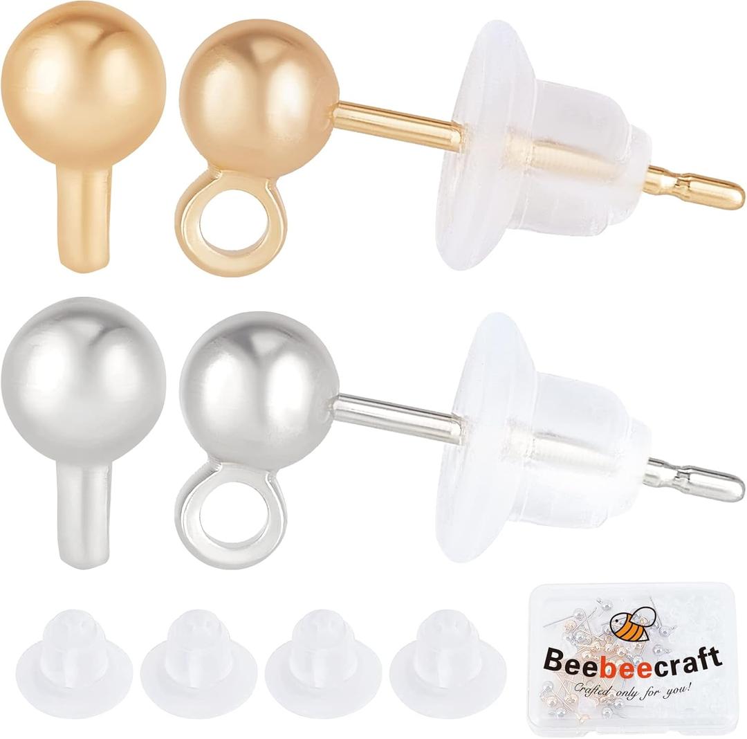 Beebeecraft 40Pcs/Box 2 Colors Ball Stud Earrings with Loop 18K Gold&Platinum Plated Brass Round Ball Earring Posts with Earring Backs for DIY Jewelry Dangle Earring Making(15x4mm),Golden & Silver