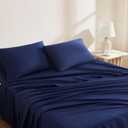 Linen Closet Organic 100% Cotton Queen Sheet 4 Pcs Set, 18 Deep Pocket, Navy | Lightweight, Eco-Friendly Cotton, Percale Softness, Durable & Breathable, Naturally Cooling | All Season Comfort