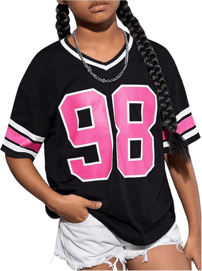 Verdusa Girl's Letter Print Loose T Shirt V Neck Half Sleeve Tee Tops (Black)