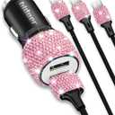 Bling USB Car Charger 5V 2.4A Pink Crystal Decor Dual Port Fast Adapter with 4ft Nylon Type C Micro USB 3 in 1 Multi Charging Cable for iPhone iPad Android, Auto Interior Accessories for Women