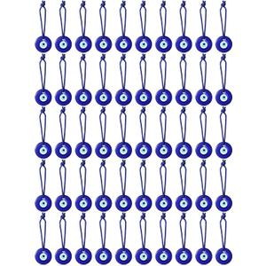 Jexine 50 Pcs Turkish Blue Evil Eye Beads Charms Evil Eye Pendants Crafting Glass Beads Wall Car Mirror Hanging Decor with Ropes for Home Decorative Ornaments Keychain Jewelry (1.2'')