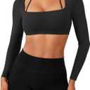 YEOREO Long Sleeve Crop Tops for Women Square Neck Workout Yoga Cropped T Shirt Top Padded Halter Neck with Detachable (X-Small, Black)