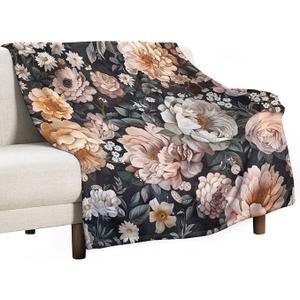 Throw Blankets Vintage Floral Roses, Peonies and Daisies Soft Cozy Microfiber Throw Blanket Vintage Style Black Background Blanket Set 4 Pcs (Queen,7)