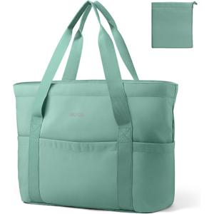HOTOR Tote Bag for Women - Foldable Lightweight Tote Bags with Zipper, Large Shoulder Bag Top Handle Handbag for Travel, Work (19.7" x 6.7" x 13.8", Green)