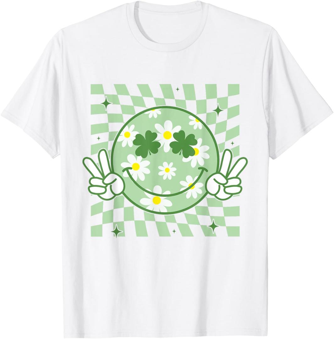 Groovy Shamrock Smile Face St Patricks Day Men Kids Funny T-Shirt (Small, White)
