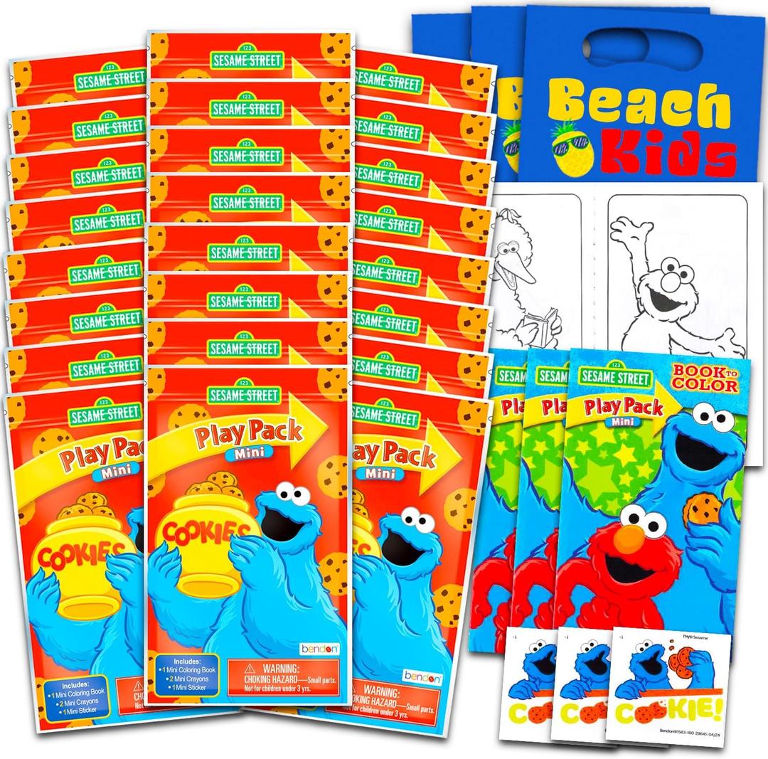 Cookie Monster Mini Party Favors Set for Kids Toddlers - Bundle with 24 Sesame Street Play Packs with Coloring Pages, Stickers (Cookie Monster Birthday Party Supplies)