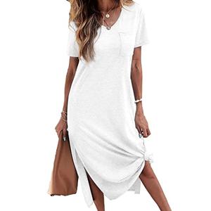 Dyexces Women Summer T Shirt Dress Casual Short Sleeve V Neck Maxi Dresses Loose Side Slit Long Tshirt Dress with Pockets White