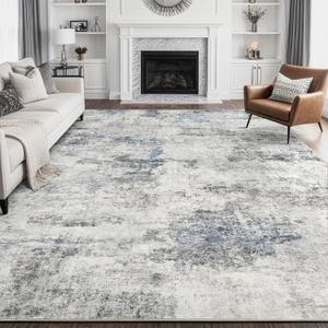 Living Room Area Rugs - 10x12 Washable Abstract Large Soft Indoor Rug Neutral Modern Low Pile Carpet for Bedroom Dining Room Farmhouse Home Office - Grey Blue