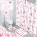 FuWeave 8 Pcs Pink Bow Shower Curtain Sets for Bathroom Decor Cute Coquette Bathroom Accessories Bow Knot Aesthetic Girly Shower Curtain Sets with Towels Carpet Bath Mat Toilet Rugs and 12 Hooks