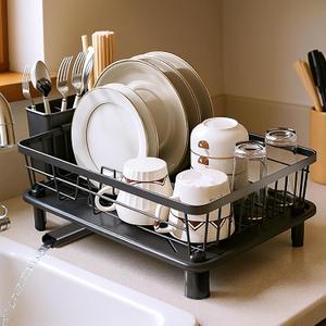 Dish Drying Rack, Space-Saving Dish Rack, Dish Racks for Kitchen Counter, Kitchen Dish Drainers with Removable Utensil Holder, Plate Rack and Drainboard, 11''W x 15''L, Black